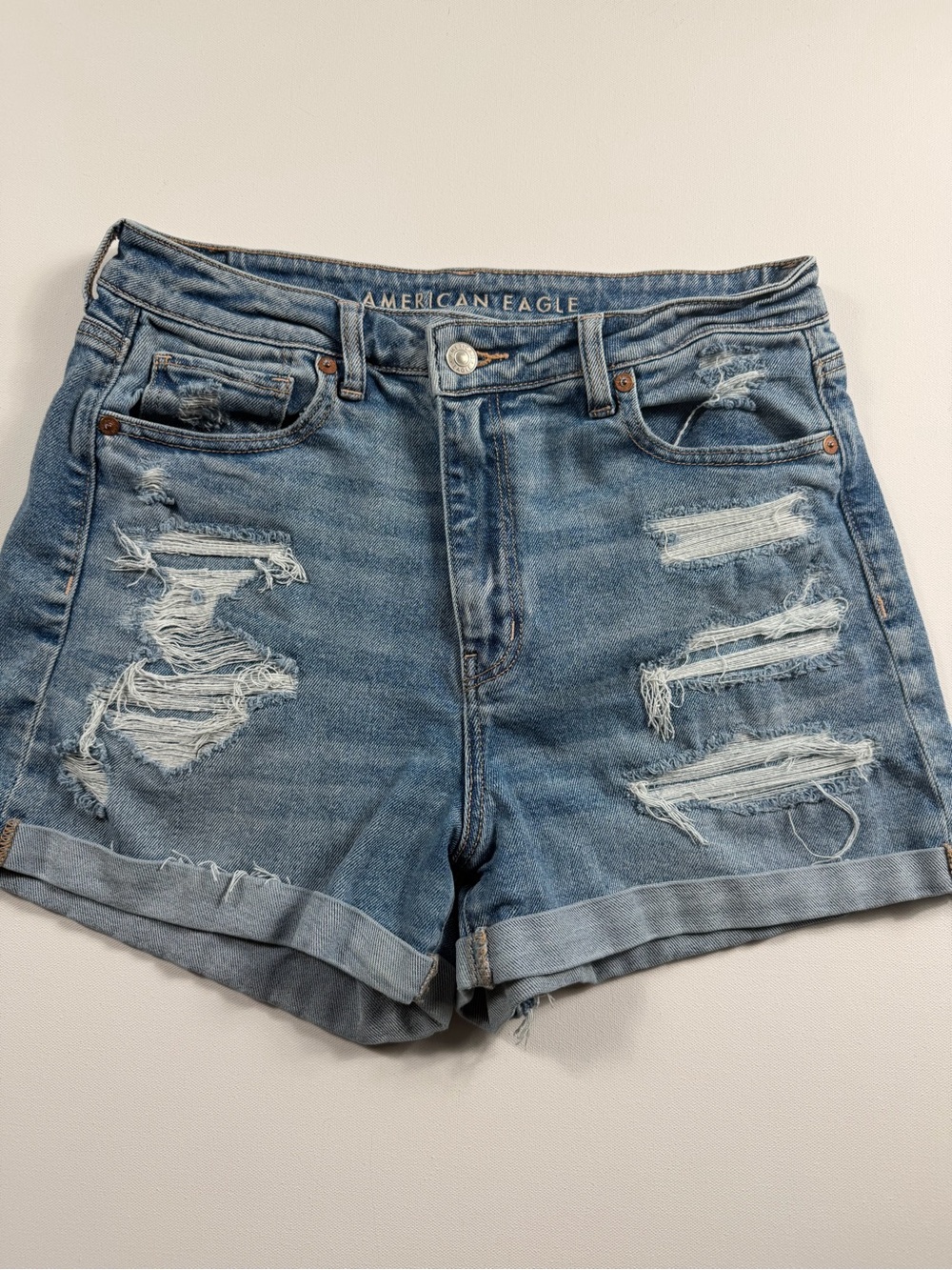 American Eagle High Rise Distressed Denim Shorts Size 10 Y2K Festival Cutoff